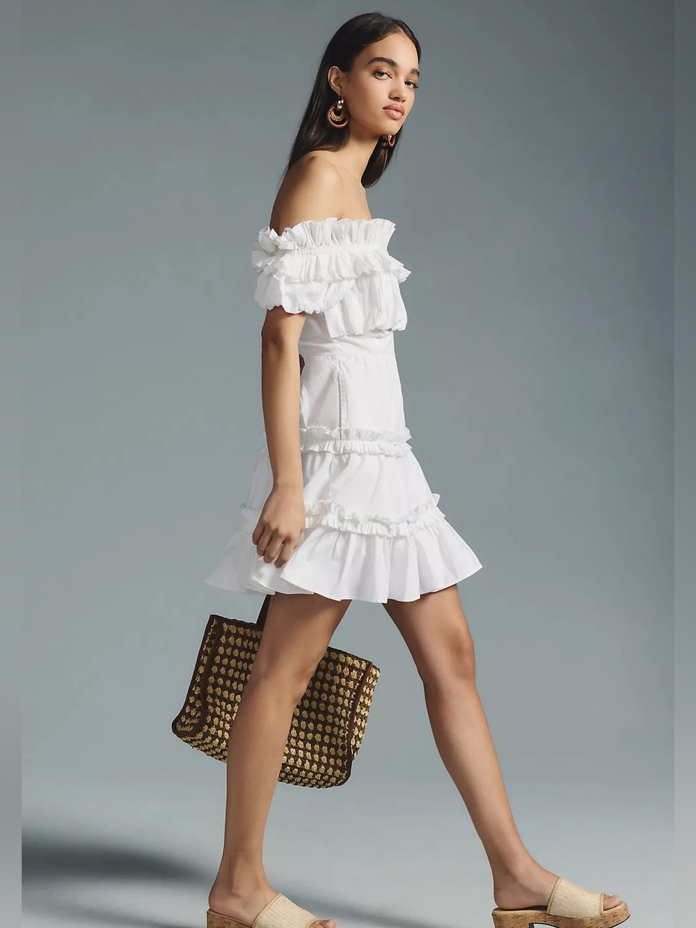LOVE THE LABEL Off-The-Shoulder Tiered Mini Dress White Cotton Anthropologie